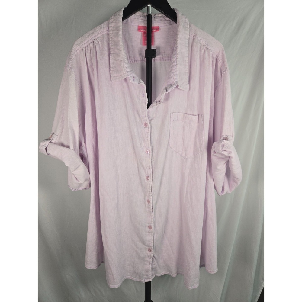 Woman Within Sz 5X Lilac Purple Gauze‎ Button Front Shirt Cotton Roll Tab Sleeve